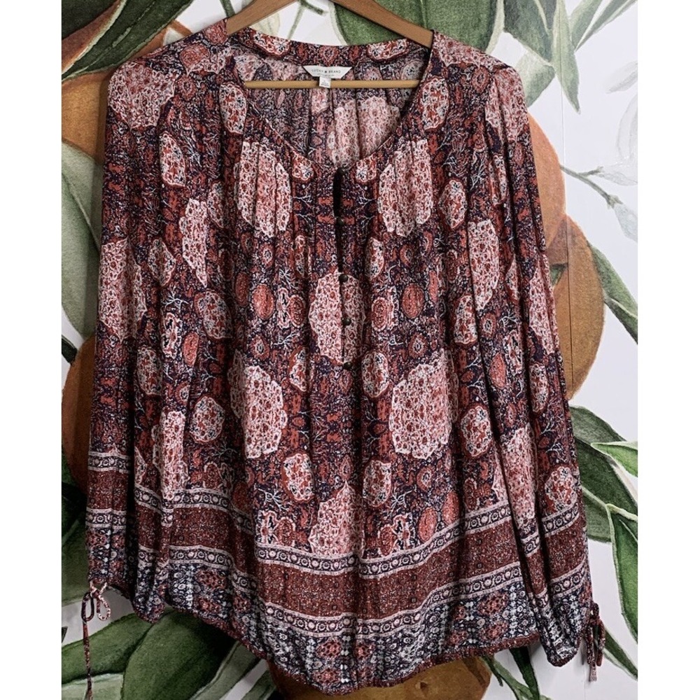 Lucky Brand Large Printed Popover Long Sleeve Blouse Red
